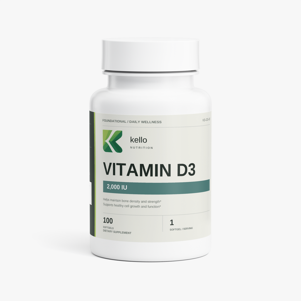 Kello Nutrition vitamin D3 2000 IU softgels container front view