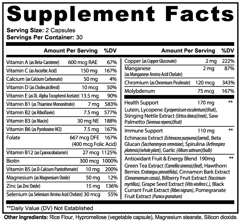 Complete Multivitamin Supplement Facts and ingredient label
