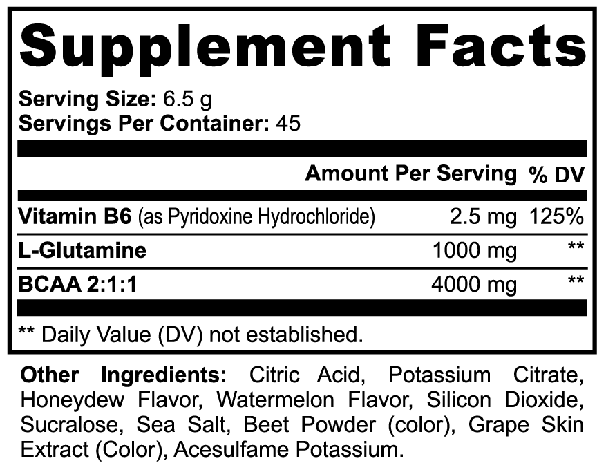 BCAA Post Workout Powder (Honeydew/Watermelon) Supplement Facts and ingredient label