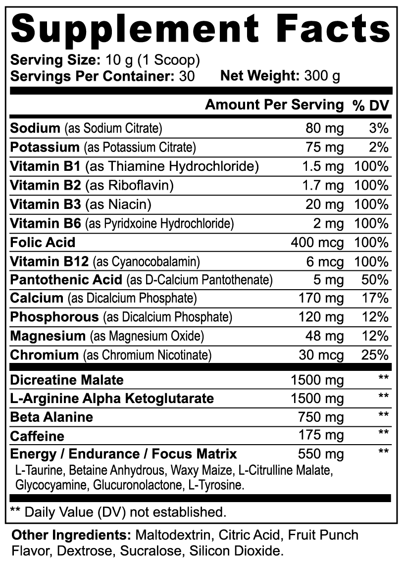 Nitric Shock Pre-Workout Powder (Fruit Punch) Supplement Facts and ingredient label